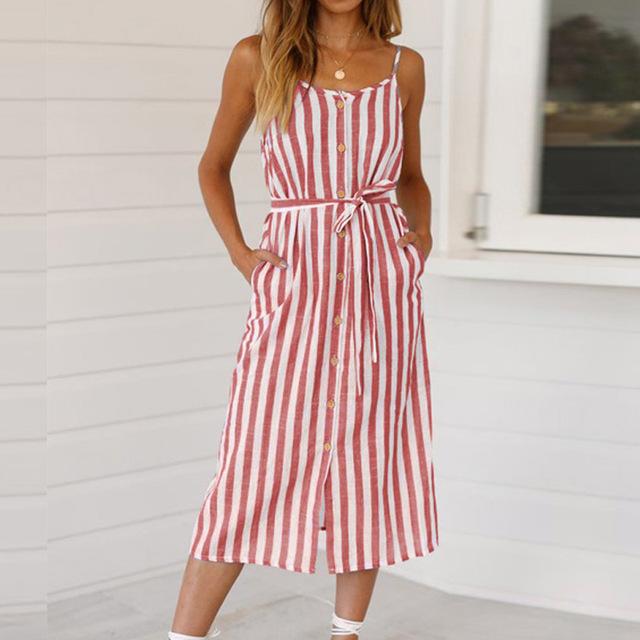 ZITY Women Dress 2020 Sleeveless Striped Summer Beach Dress Spaghetti Strap Midi Dress Casual O -Neck Sashes Pocket Dres