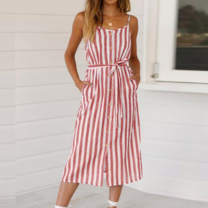 ZITY Women Dress 2020 Sleeveless Striped Summer Beach Dress Spaghetti Strap Midi Dress Casual O -Neck Sashes Pocket Dres