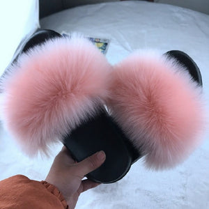 Faux Fur Slides Women Furry Fox Fur Sandals For Woman Female Indoor Shoes Fluffy Plush With Fur Slippers Flip Flops Size 36-45