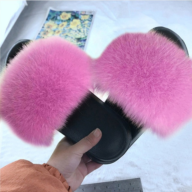 Faux Fur Slides Women Furry Fox Fur Sandals For Woman Female Indoor Shoes Fluffy Plush With Fur Slippers Flip Flops Size 36-45