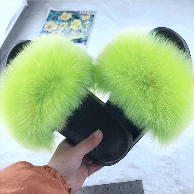 Faux Fur Slides Women Furry Fox Fur Sandals For Woman Female Indoor Shoes Fluffy Plush With Fur Slippers Flip Flops Size 36-45