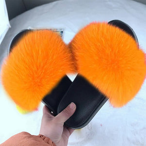 Faux Fur Slides Women Furry Fox Fur Sandals For Woman Female Indoor Shoes Fluffy Plush With Fur Slippers Flip Flops Size 36-45