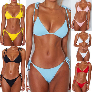 2020 Women Fashion Padded Bra Bikini Set Swimsuit Ladies Solid Bandage Push-up Triangle Swimwear Bathing Suits Biquini Swimwear