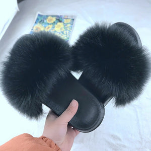 Puimentiua Summer Fluffy Fur Slippers Shoes Women Real Flip Flop Flat Slides Outdoor Sandals Ladies Amazing Shoes 2020