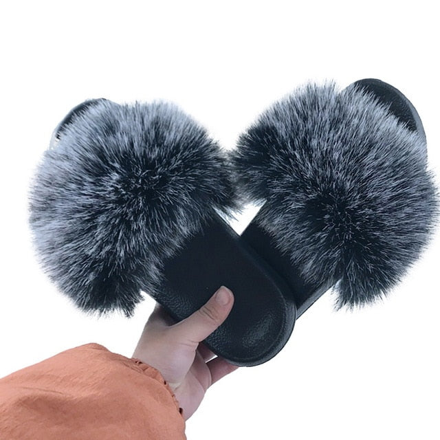 Puimentiua Summer Fluffy Fur Slippers Shoes Women Real Flip Flop Flat Slides Outdoor Sandals Ladies Amazing Shoes 2020