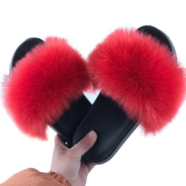 Puimentiua Summer Fluffy Fur Slippers Shoes Women Real Flip Flop Flat Slides Outdoor Sandals Ladies Amazing Shoes 2020