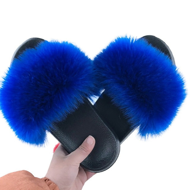 Puimentiua Summer Fluffy Fur Slippers Shoes Women Real Flip Flop Flat Slides Outdoor Sandals Ladies Amazing Shoes 2020