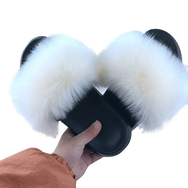 Puimentiua Summer Fluffy Fur Slippers Shoes Women Real Flip Flop Flat Slides Outdoor Sandals Ladies Amazing Shoes 2020