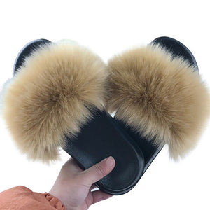 Puimentiua Summer Fluffy Fur Slippers Shoes Women Real Flip Flop Flat Slides Outdoor Sandals Ladies Amazing Shoes 2020