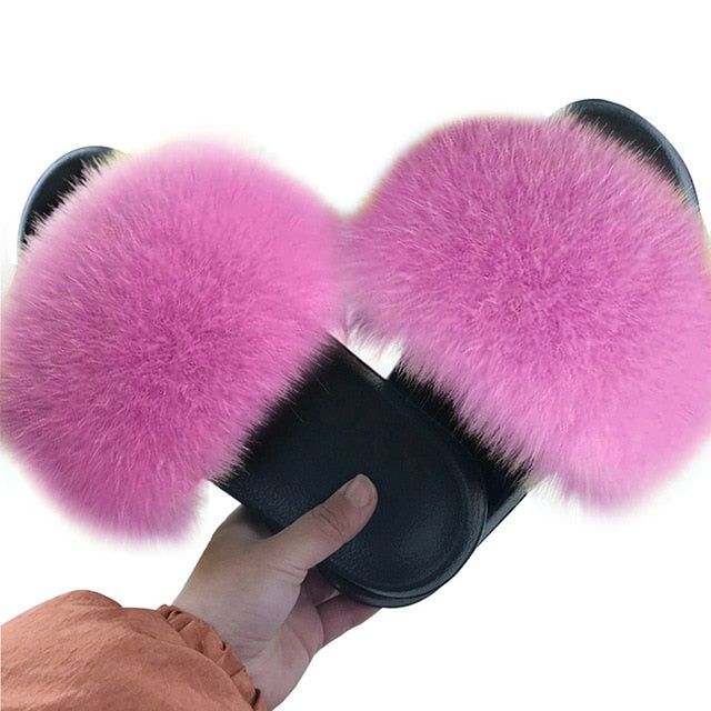 Puimentiua Summer Fluffy Fur Slippers Shoes Women Real Flip Flop Flat Slides Outdoor Sandals Ladies Amazing Shoes 2020