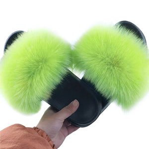 Puimentiua Summer Fluffy Fur Slippers Shoes Women Real Flip Flop Flat Slides Outdoor Sandals Ladies Amazing Shoes 2020
