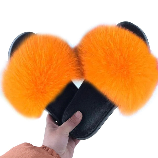 Puimentiua Summer Fluffy Fur Slippers Shoes Women Real Flip Flop Flat Slides Outdoor Sandals Ladies Amazing Shoes 2020