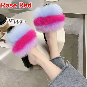Puimentiua Summer Fluffy Fur Slippers Shoes Women Real Flip Flop Flat Slides Outdoor Sandals Ladies Amazing Shoes 2020