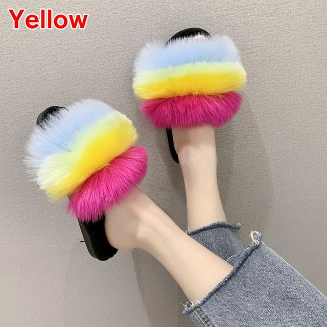 Puimentiua Summer Fluffy Fur Slippers Shoes Women Real Flip Flop Flat Slides Outdoor Sandals Ladies Amazing Shoes 2020