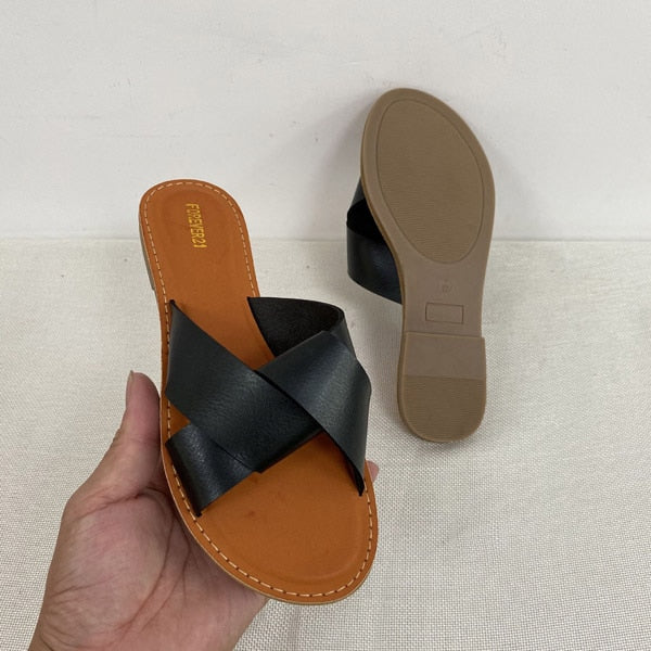 NAN JIU MOUNTAIN Flat Sandals Summer Women's Slippers Leather Comfortable Sole Cross Weave 8 Colors Woman Shoes Solid Color