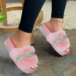 Women Fur Slippers Furry Slides Summer Bling Faux Sliders Sandals Plush Flat Casual Shoes Home Slippers Comfortable Shoes 2020