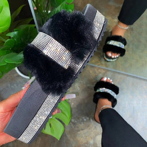 Women Fur Slippers Furry Slides Summer Bling Faux Sliders Sandals Plush Flat Casual Shoes Home Slippers Comfortable Shoes 2020