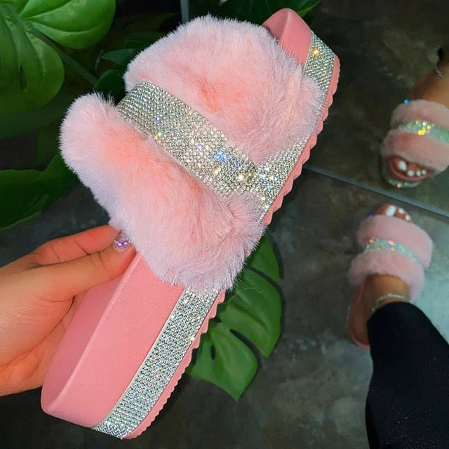 Women Fur Slippers Furry Slides Summer Bling Faux Sliders Sandals Plush Flat Casual Shoes Home Slippers Comfortable Shoes 2020