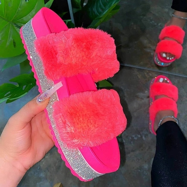 Women Fur Slippers Furry Slides Summer Bling Faux Sliders Sandals Plush Flat Casual Shoes Home Slippers Comfortable Shoes 2020