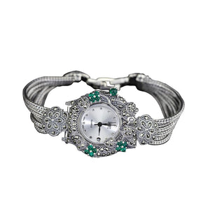 Jade Angel 925 silver Wheat chain Women's Watch 925 Sterling Silver Thailand Vintage Style Pave Synthesis Green Onyx Marcasite W