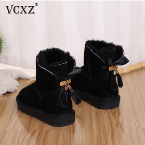 VCXZ The new high quality women winter warm boots Cowhide leather wool fur lined and bowknots tassels fashion girls snow boots