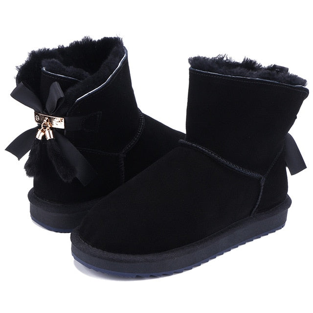 VCXZ The new high quality women winter warm boots Cowhide leather wool fur lined and bowknots tassels fashion girls snow boots