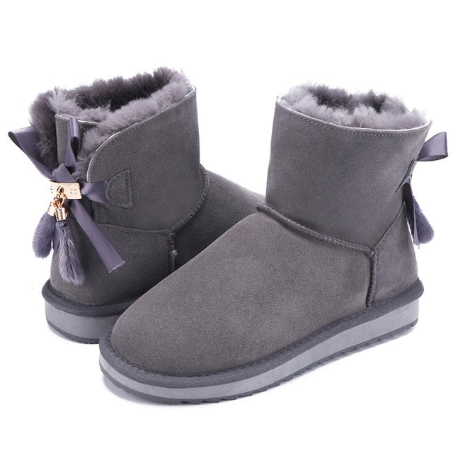 VCXZ The new high quality women winter warm boots Cowhide leather wool fur lined and bowknots tassels fashion girls snow boots