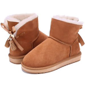 VCXZ The new high quality women winter warm boots Cowhide leather wool fur lined and bowknots tassels fashion girls snow boots