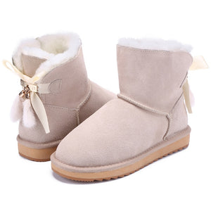 VCXZ The new high quality women winter warm boots Cowhide leather wool fur lined and bowknots tassels fashion girls snow boots