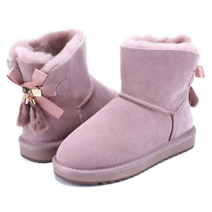 VCXZ The new high quality women winter warm boots Cowhide leather wool fur lined and bowknots tassels fashion girls snow boots