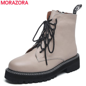 MORAZORA 2021 Genuine leather boots women shoes thick sole lace up autumn winter short ankle boots for women motorcycle boots
