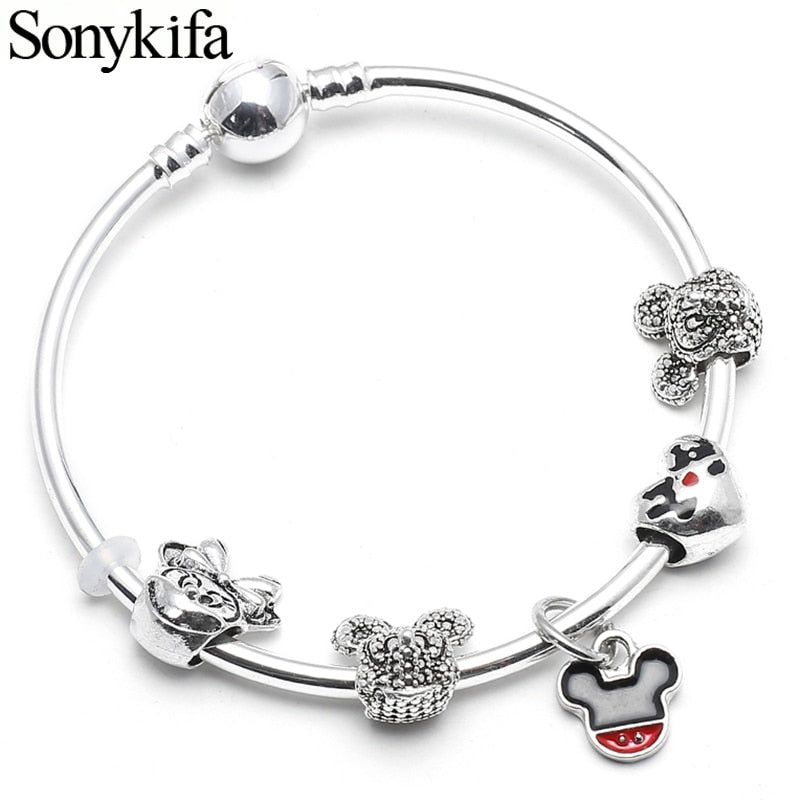 BRACE CODE Authentic Silver Color Murano Glass Beads Fine Bracelet Mickey Pendant Charm Bracelets & Bangles For Women Jewelry