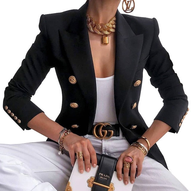 Autumn Slim Blazer Women Suit Jacket Female Business Double Breasted Blazers Work Office Lady Suit Black Button Coat Fashion Top