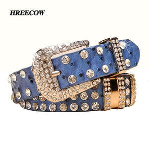 New Fashion Rhinestone belts for women Luxury Designer PU leather belt High quality Cow second layer skin strap female