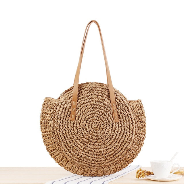 2020 Summer Round Straw Bags for Women Rattan Shoulder Bag Handmade Woven Beach Handbags Female Message Handbag Totes Bag