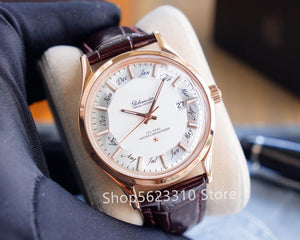 New Minimalist design 12 month watches Male Automatic Mechanical Wrist watch real leather clock Luxury men gold sun watch