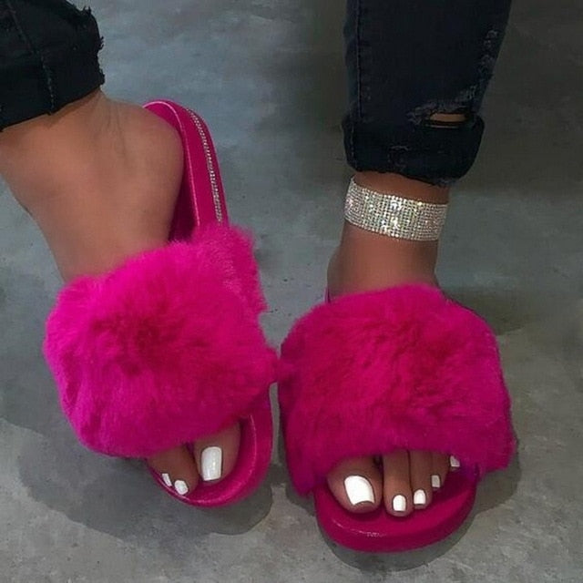Women Fur Slippers Furry Slides Summer Bling Faux Sliders Sandals Plush Flat Casual Shoes Home Slippers Comfortable Shoes 2020