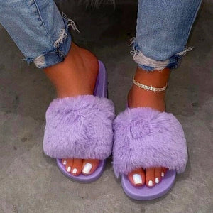 Women Fur Slippers Furry Slides Summer Bling Faux Sliders Sandals Plush Flat Casual Shoes Home Slippers Comfortable Shoes 2020