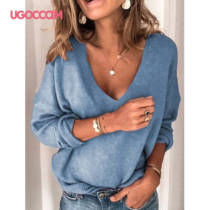 UGOCCAM V-Neck Blouses Women Long Sleeve Tops and Blouses Solid Casual Pullover Autumn Winter Plus Size Jumpers kobiety bluzk