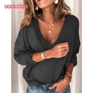 UGOCCAM V-Neck Blouses Women Long Sleeve Tops and Blouses Solid Casual Pullover Autumn Winter Plus Size Jumpers kobiety bluzk