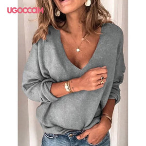 UGOCCAM V-Neck Blouses Women Long Sleeve Tops and Blouses Solid Casual Pullover Autumn Winter Plus Size Jumpers kobiety bluzk
