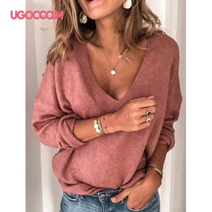 UGOCCAM V-Neck Blouses Women Long Sleeve Tops and Blouses Solid Casual Pullover Autumn Winter Plus Size Jumpers kobiety bluzk