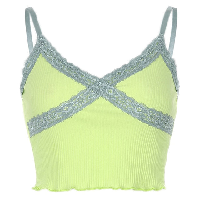 Lace Patchwork E-girl Y2K Top Women Summer Sexy Backless V-neck Short Camisole Casual Spaghetti Strap Solid Camis Cuteandpsycho