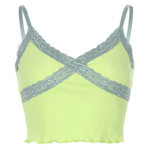 Lace Patchwork E-girl Y2K Top Women Summer Sexy Backless V-neck Short Camisole Casual Spaghetti Strap Solid Camis Cuteandpsycho