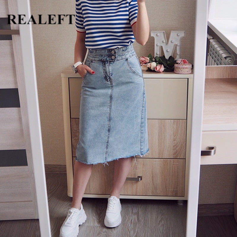 REALEFT 2020 New Spring Summer Denim Sheath Wrap Skirts Button High Waist Pencil Midi Skirt Chic Back Split Skirts Tassel Womens