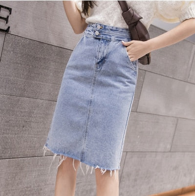 REALEFT 2020 New Spring Summer Denim Sheath Wrap Skirts Button High Waist Pencil Midi Skirt Chic Back Split Skirts Tassel Womens