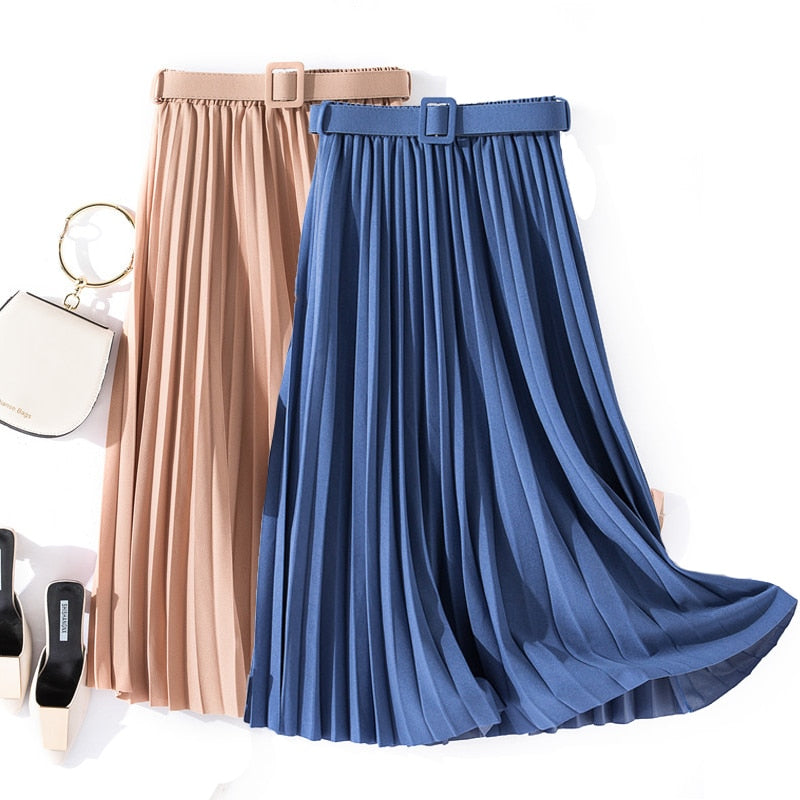 Autumn Summer women vintage elegant midi skirt with belt 2020 Women high waist pleated skirts womens lady Casual skirts female
