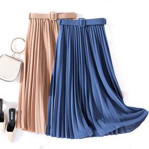 Autumn Summer women vintage elegant midi skirt with belt 2020 Women high waist pleated skirts womens lady Casual skirts female