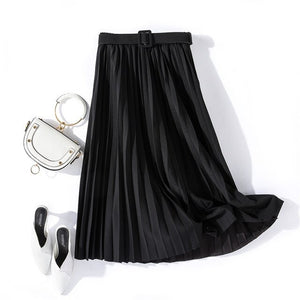 Autumn Summer women vintage elegant midi skirt with belt 2020 Women high waist pleated skirts womens lady Casual skirts female