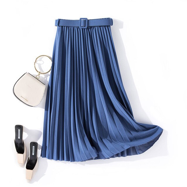 Autumn Summer women vintage elegant midi skirt with belt 2020 Women high waist pleated skirts womens lady Casual skirts female